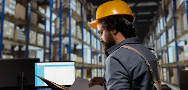 Man working on laptop in storage facility with hard hat on
