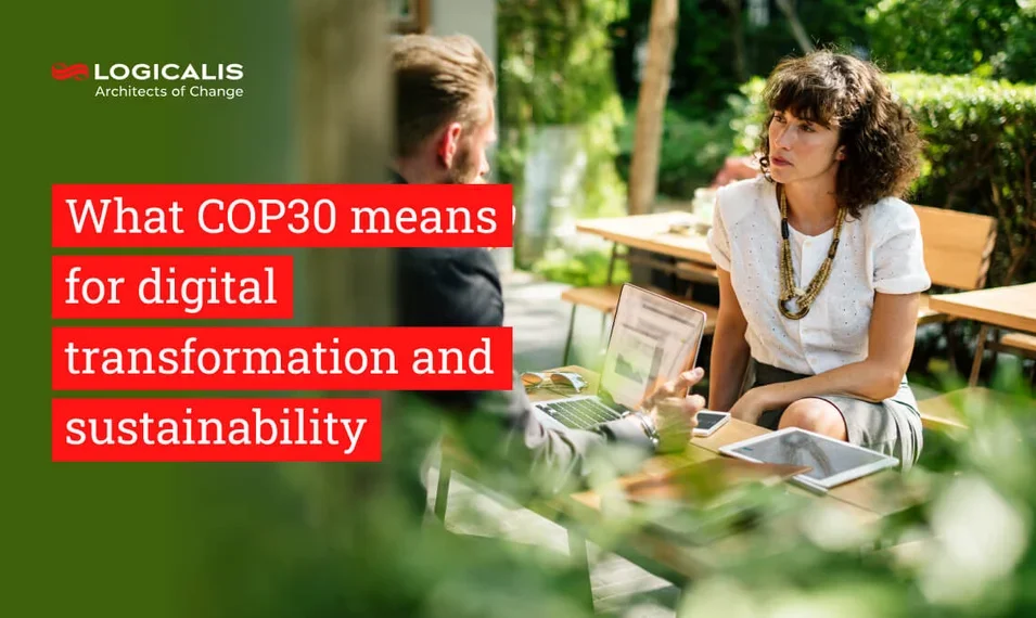 Image of man and woman talking with title what COP30 means for digital transformation and sustainability